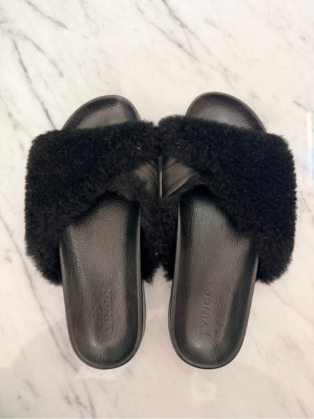Vince Garrison Black Real Sheep Fur Slide Sandals